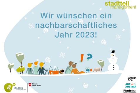 Grußkarte mit Neujahrswünschen: Grafik mit Strichfiguren und einem Schneemann